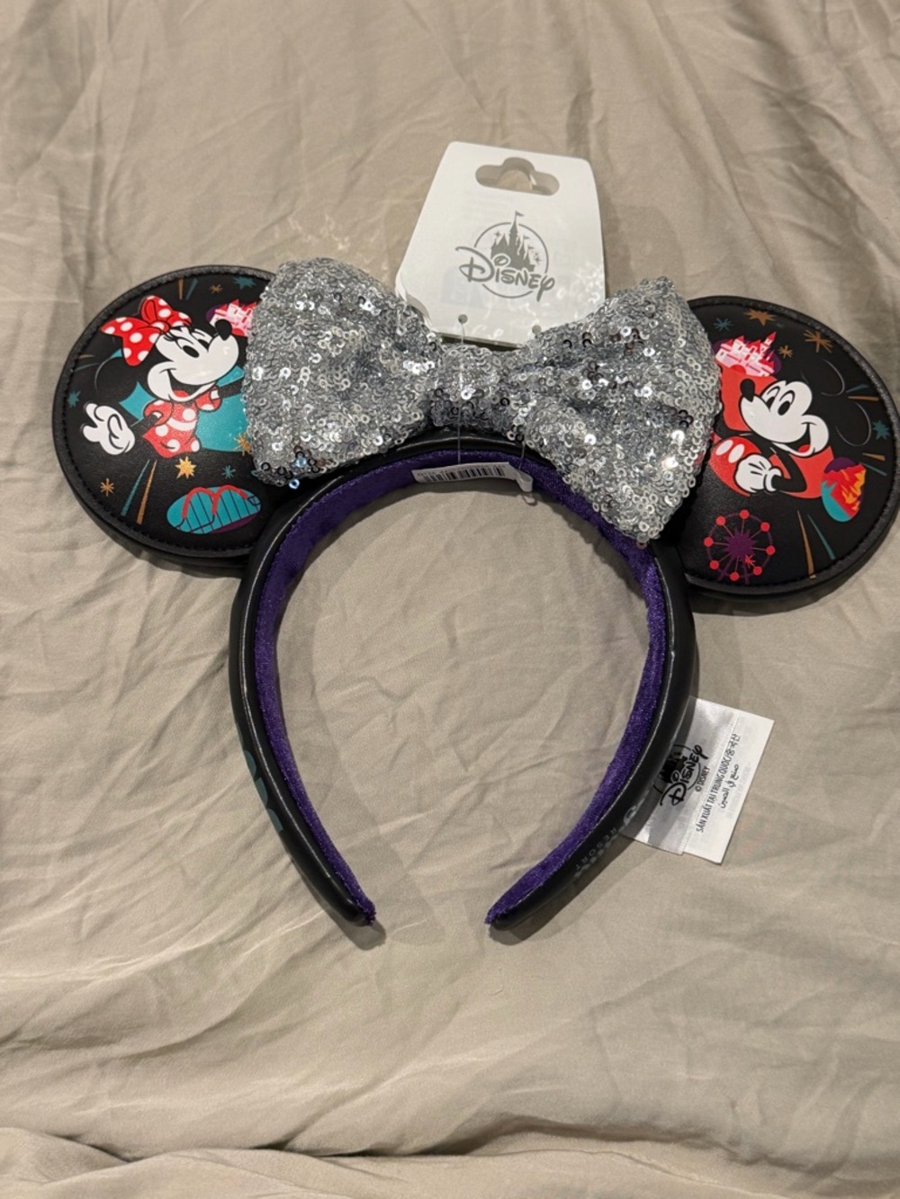 Disney Minnie & Mickey Sequin Bow Ear Headband - Silver Bow, Black Ears